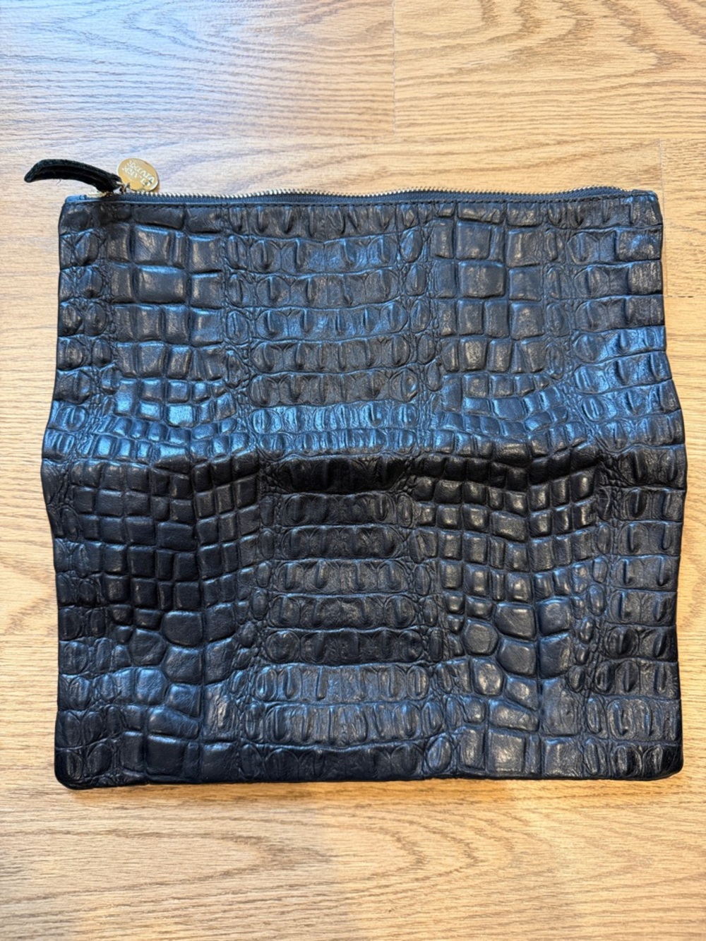 Clare V. Black Croc-Embossed Leather Zip Pouch